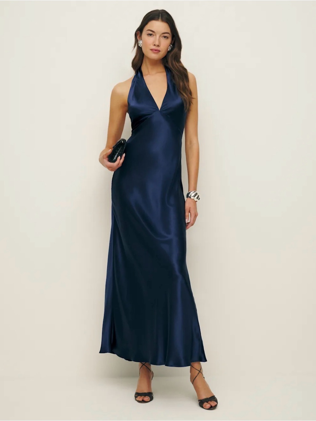 Reformation Navy Satin Halter Maxi Dress